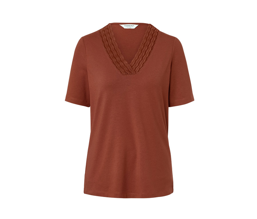 Czerwonobrązowa bluzka z dekoltem w serek i krótkimi rękawami.