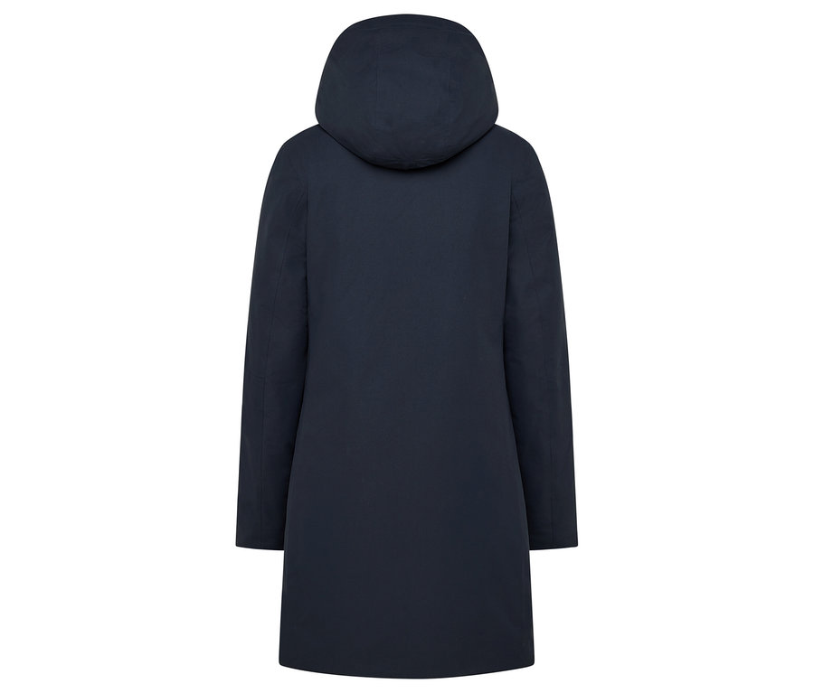 Widok z tyłu granatowego płaszcza z kapturem.