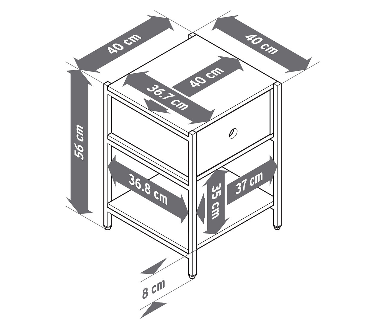 Szkic szafki nocnej z jedną szufladą i otwartą półką, z zaznaczonymi wymiarami.