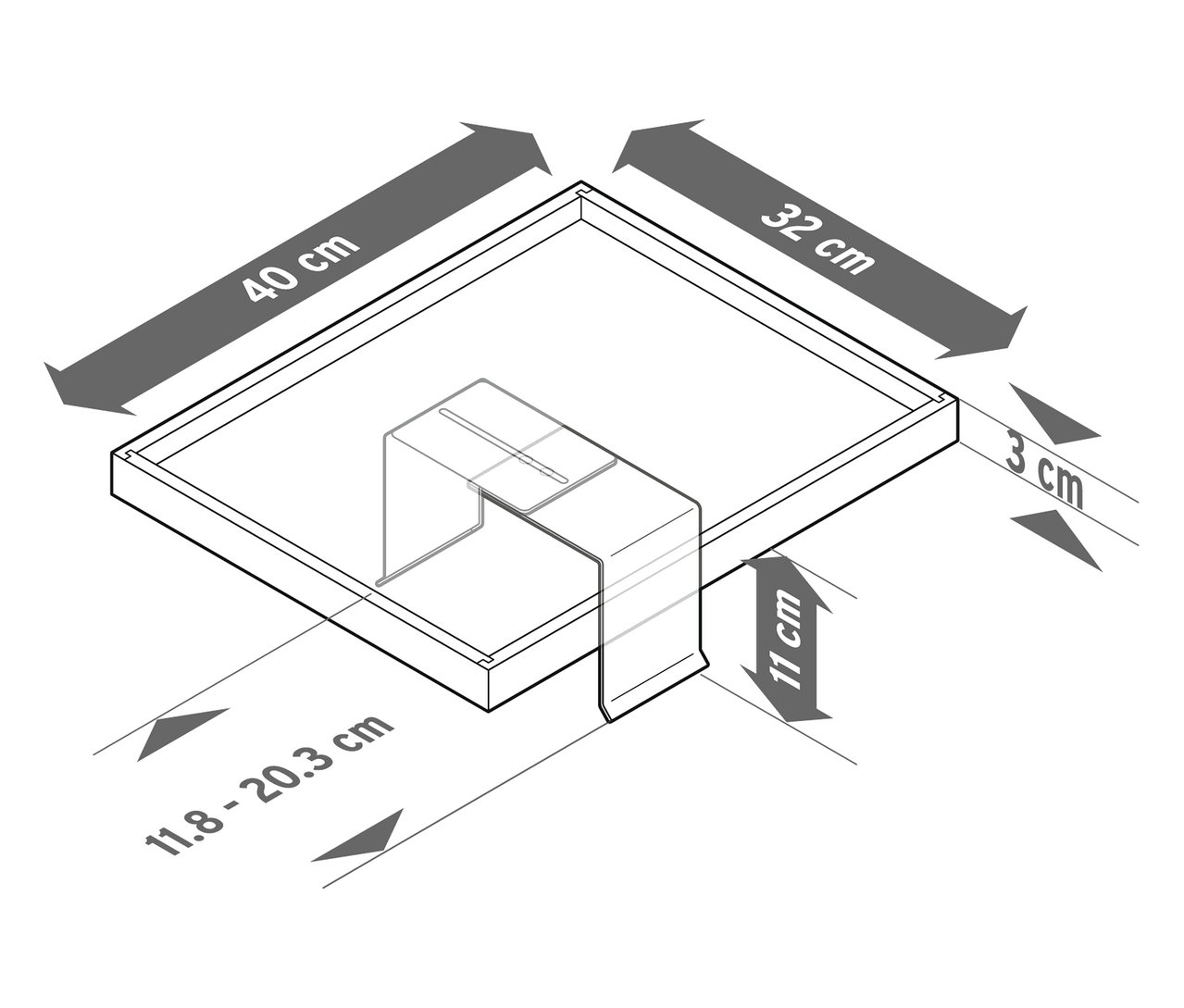 Diagram przedstawia kwadratową podkładkę o wymiarach 40 cm x 32 cm z wycięciem i oznaczonymi wymiarami.