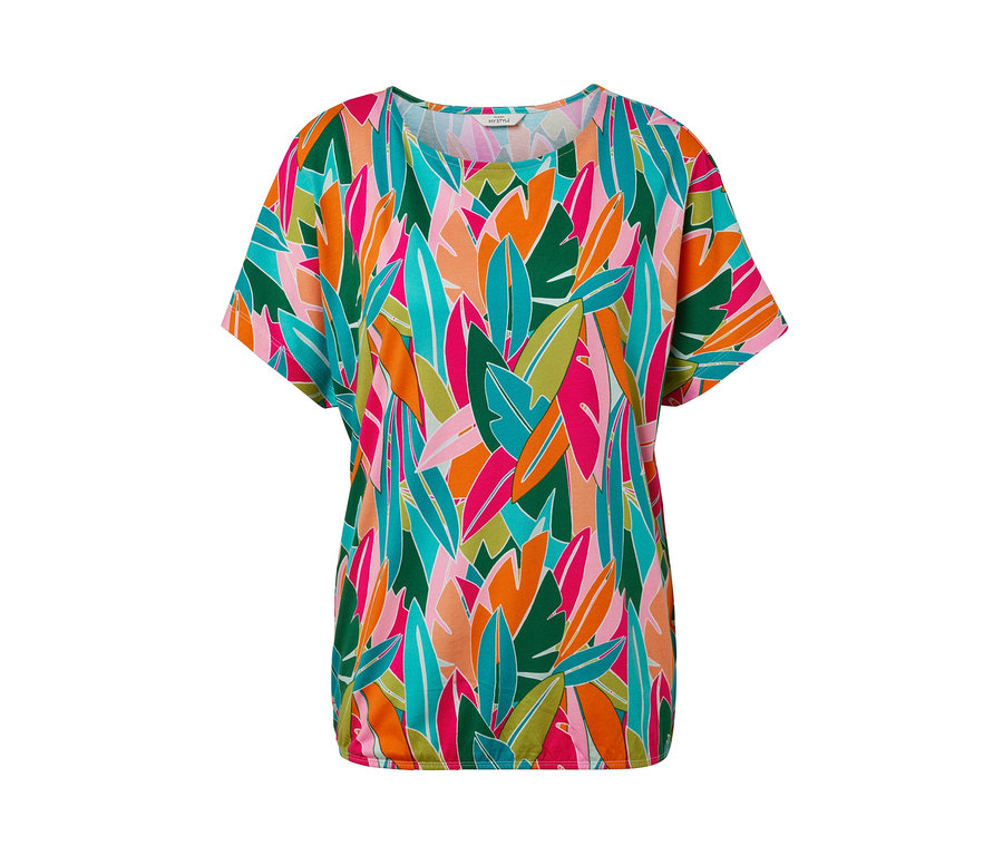 Bluzka z obniżoną linią ramion, ze wzorem na całej powierzchni, z liśćmi w kolorze zielonym, różowym, pomarańczowym i niebieskim.
