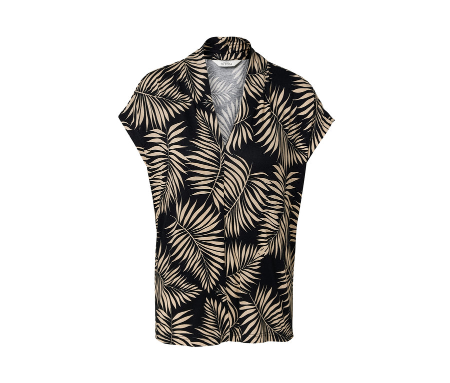 Wzorzysta bluzka z dekoltem w serek i motywem liści.