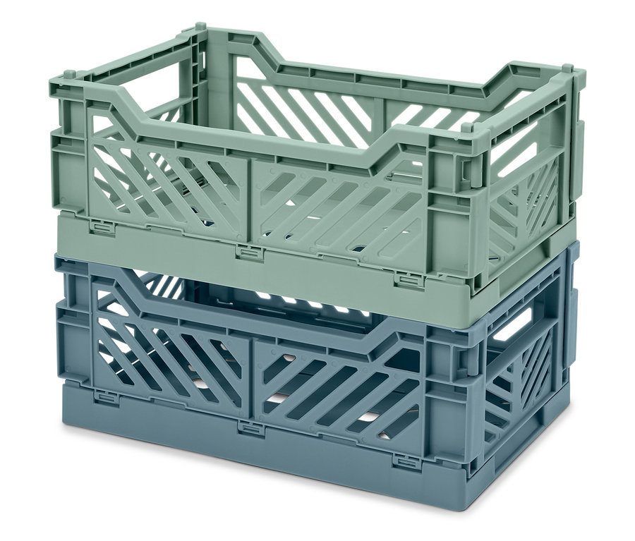 Stos dwóch składanych plastikowych skrzynek, jedna jasnozielona, a druga niebieska.