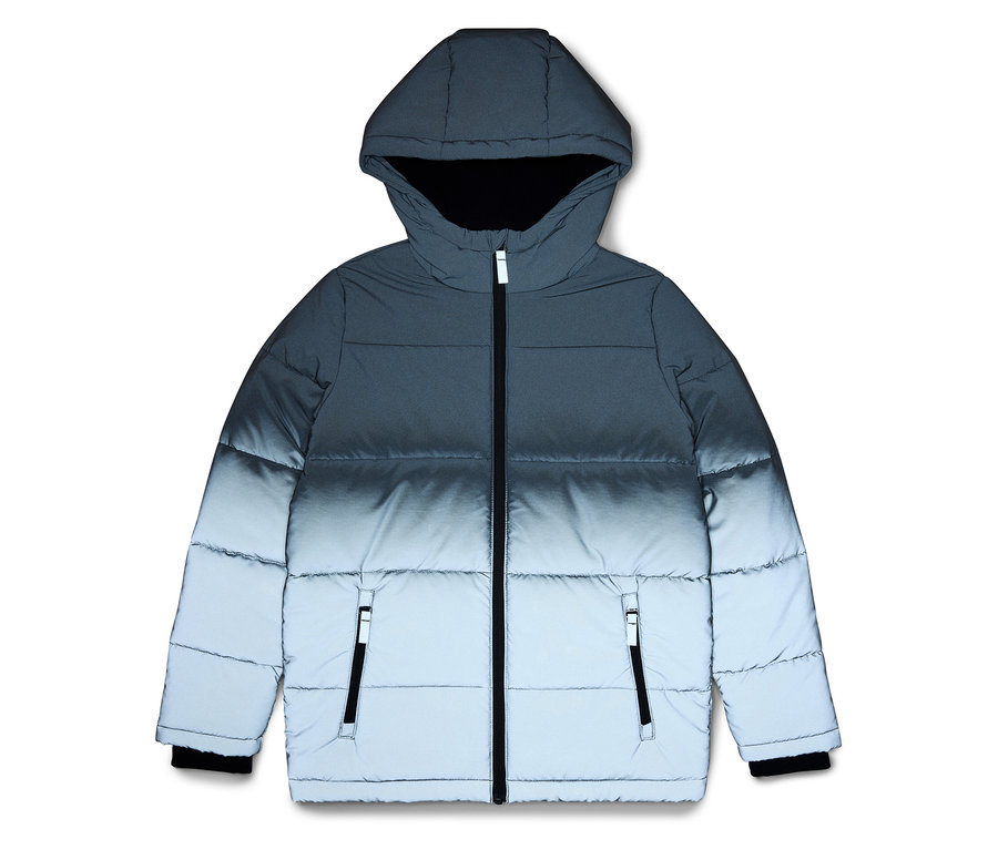 Szara kurtka puchowa z kapturem, przechodząca od ciemnoszarego u góry do jasnoszarego u dołu.