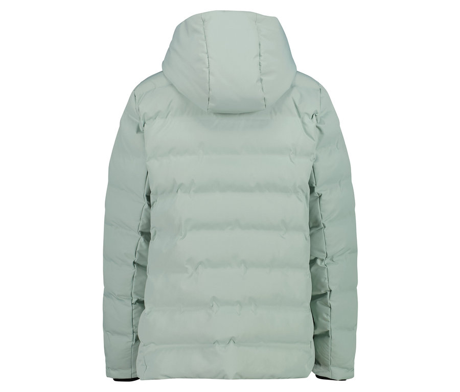 Widok z tyłu jasnozielonej kurtki puchowej z kapturem.