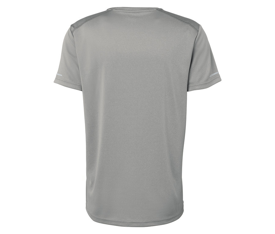 Widok z tyłu na szarą koszulkę z krótkim rękawem.