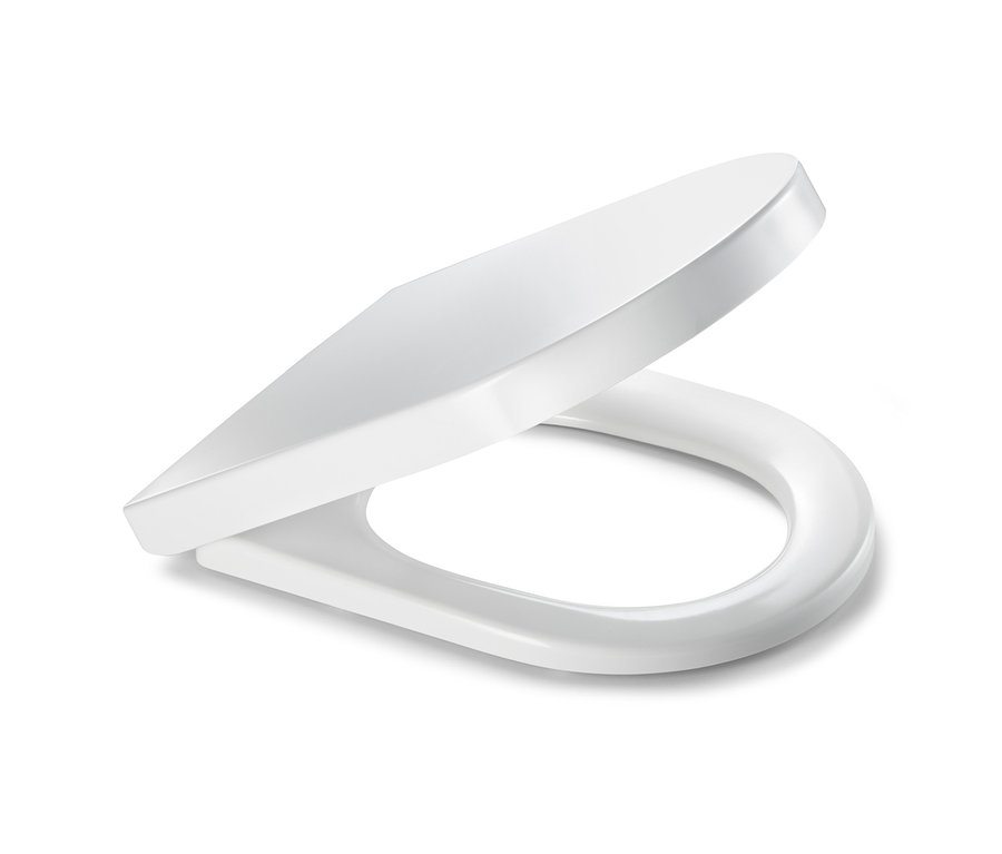 Lekko otwarta, biała deska sedesowa premium z automatycznym opuszczaniem.