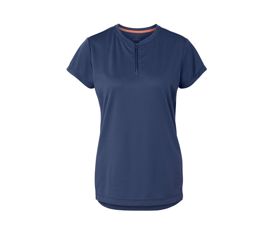 Granatowa koszulka sportowa z krótkim zamkiem błyskawicznym.