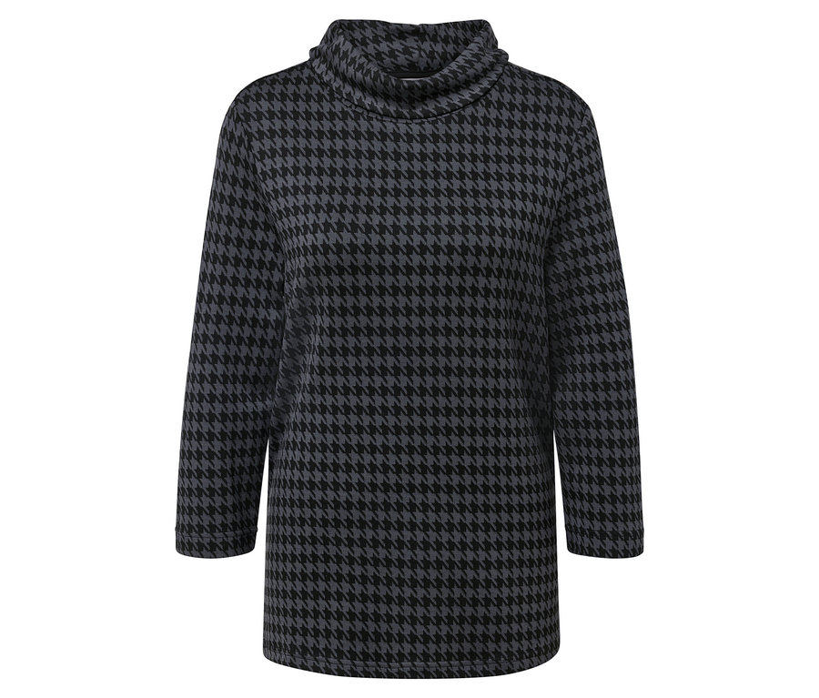 Szara sukienka tunika z wzorem w kurzą stopkę i długimi rękawami.