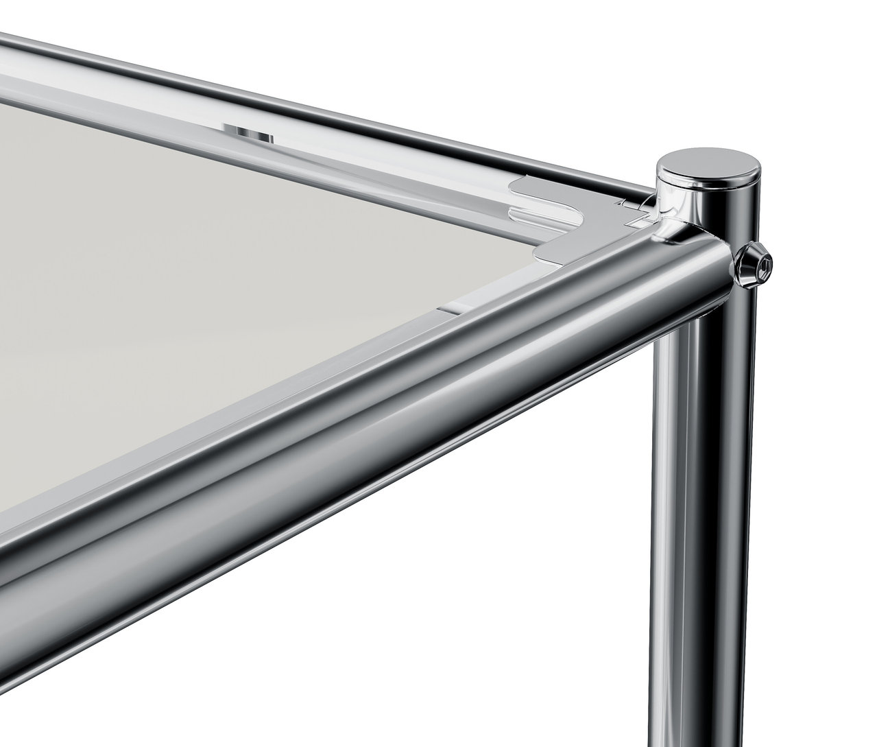 Zbliżenie na róg srebrnej ramy z przezroczystym wypełnieniem.