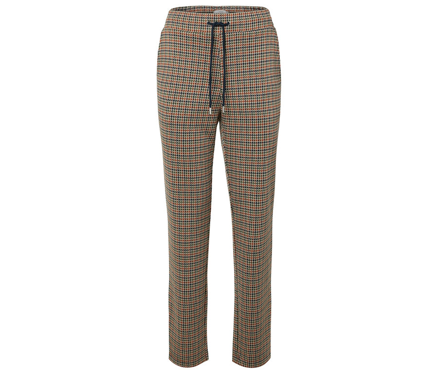 Brązowe spodnie w pepitkę ze sznurkiem.