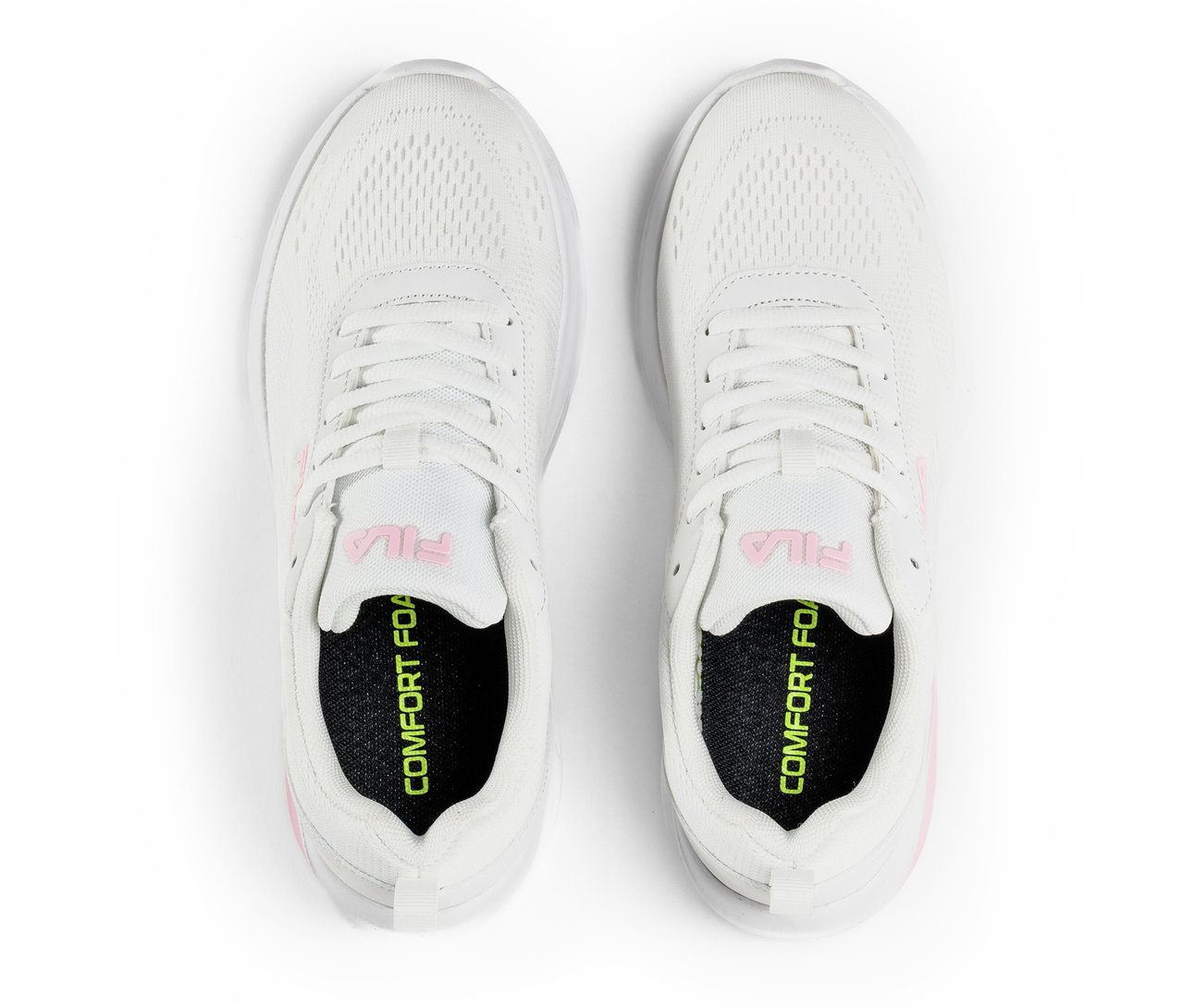 Dwa białe damskie sneakersy FILA Specctris leżą obok siebie.