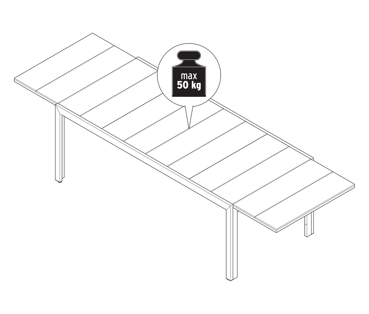 Ilustracja rozkładanego stołu ogrodowego z blatem Duraboard, ok. 200-300 cm, z maksymalnym obciążeniem 50 kg.