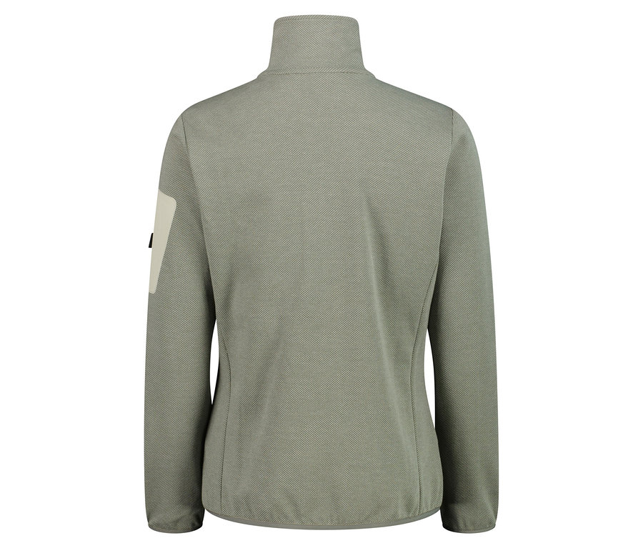 Widok z tyłu khaki polarowej kurtki z wysokim kołnierzem i pełnym zamkiem błyskawicznym.