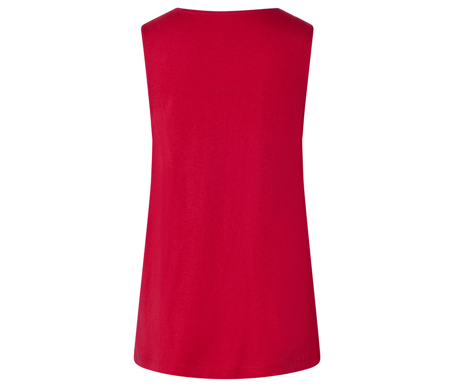 Widok z tyłu czerwonego topu bez rękawów.