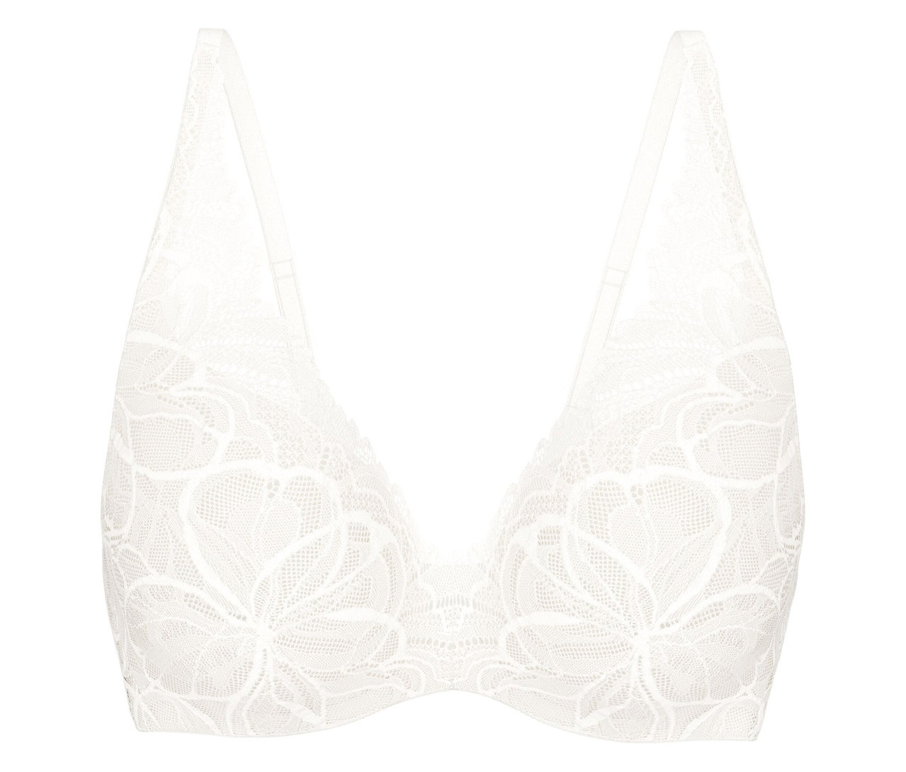 Biały koronkowy biustonosz Triumph Body Makeup Illusion Lace WP z kwiatowym wzorem i cienkimi ramiączkami.