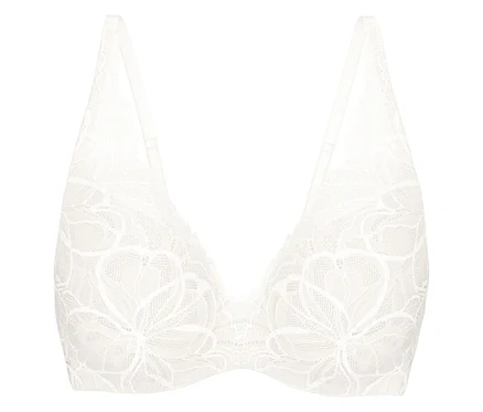 Biały koronkowy biustonosz Triumph Body Makeup Illusion Lace WP z kwiatowym wzorem i cienkimi ramiączkami.