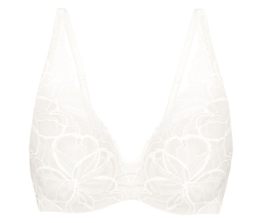 Biały koronkowy biustonosz Triumph Body Makeup Illusion Lace WP z kwiatowym wzorem i cienkimi ramiączkami.