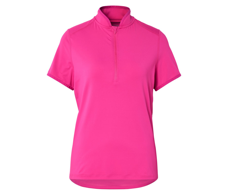 Różowa koszulka sportowa z krótkim rękawem i krótkim zamkiem błyskawicznym.