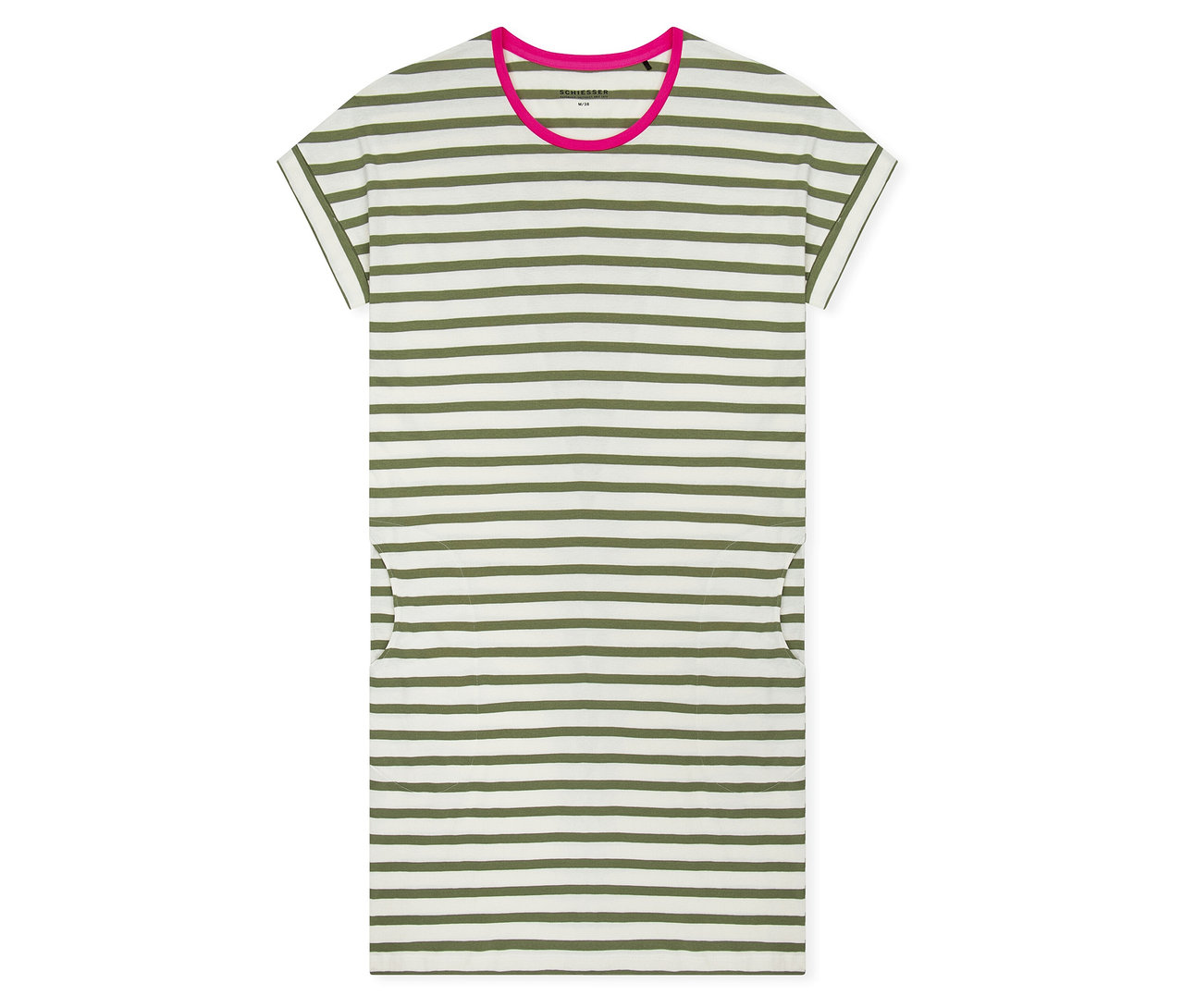 Koszula nocna SCHIESSER, biała w oliwkowozielone paski, z różowym okrągłym dekoltem, krótkimi rękawami i dwiema bocznymi kieszeniami.