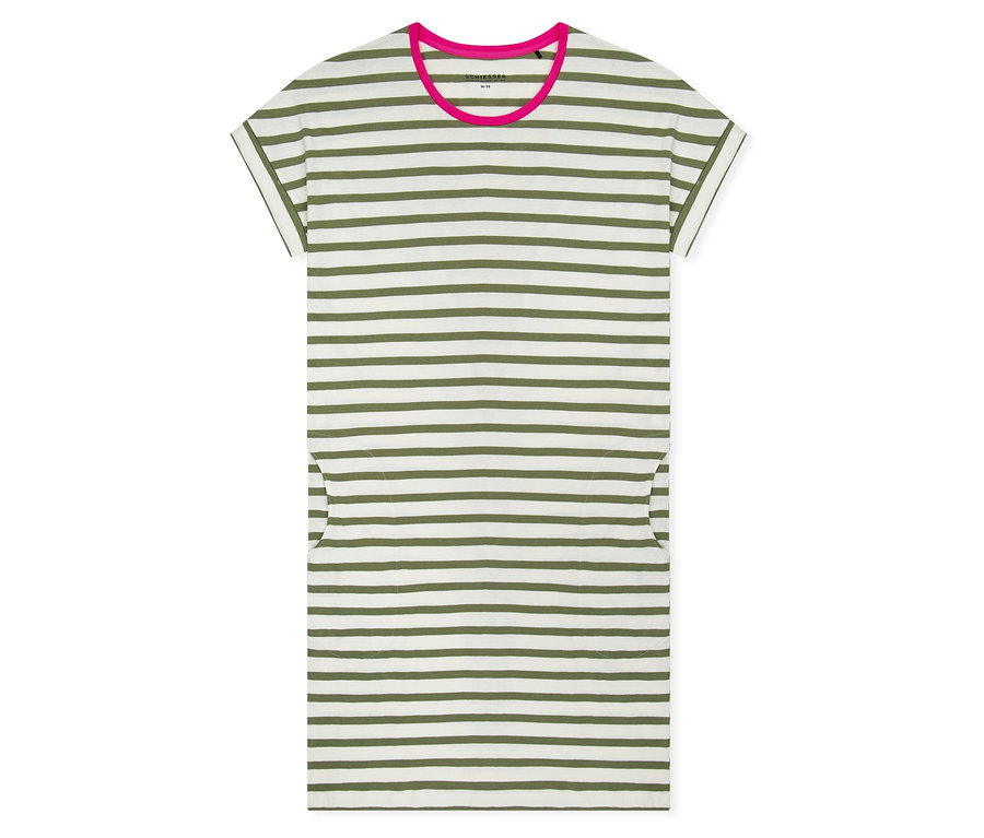 Koszula nocna SCHIESSER, biała w oliwkowozielone paski, z różowym okrągłym dekoltem, krótkimi rękawami i dwiema bocznymi kieszeniami.