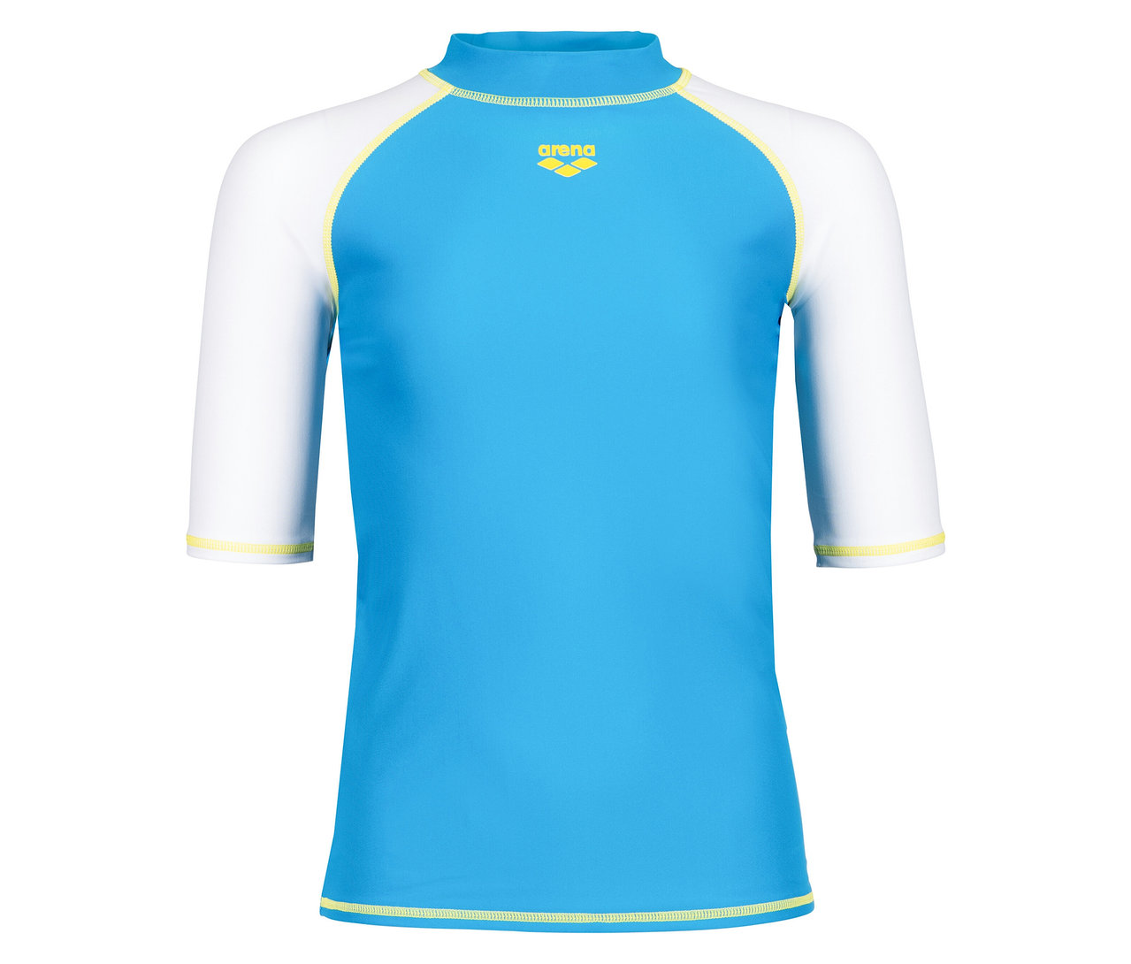 Niebieska koszulka Arena z białymi rękawami i żółtymi akcentami.