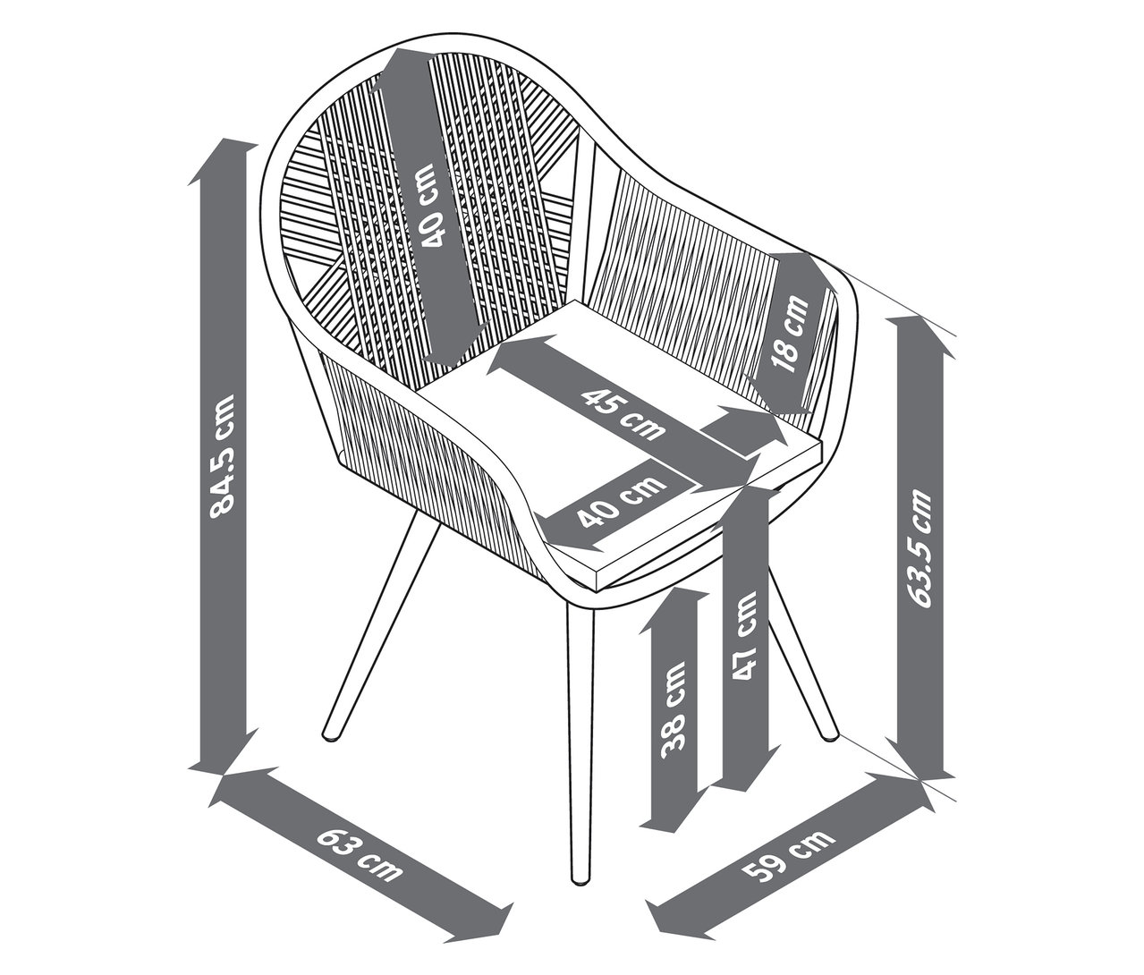 Szczegółowy schemat krzesła ogrodowego z krzyżową plecionką tekstylną, zawierający wymiary.