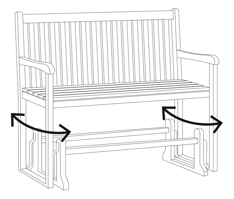 Szkic ławki ogrodowej z ruchem wahadłowym, zaznaczonym strzałkami.