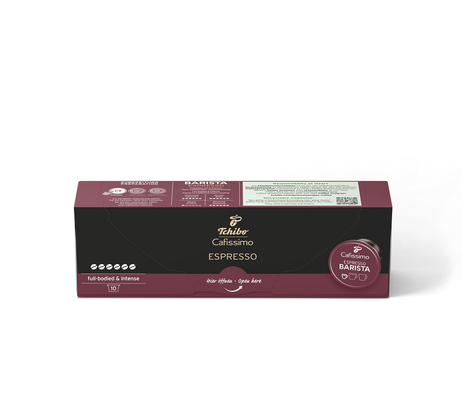 Opakowanie 10 kapsułek Cafissimo BARISTA Espresso. Opakowanie jest ciemnobrązowe z czarną środkową częścią i napisem Cafissimo ESPRESSO.