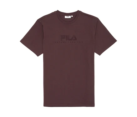 Ciemnobrązowy T-shirt z okrągłym dekoltem i wytłoczonym logo FILA na piersi.