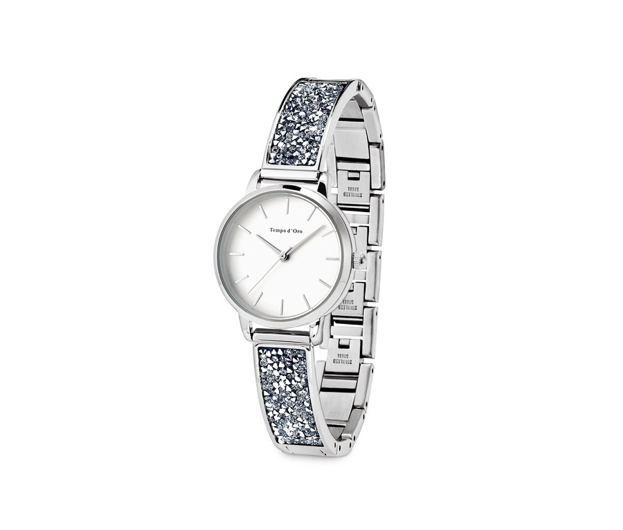Zegarek damski wysadzany kryształami marki Swarovski® na białym tle.