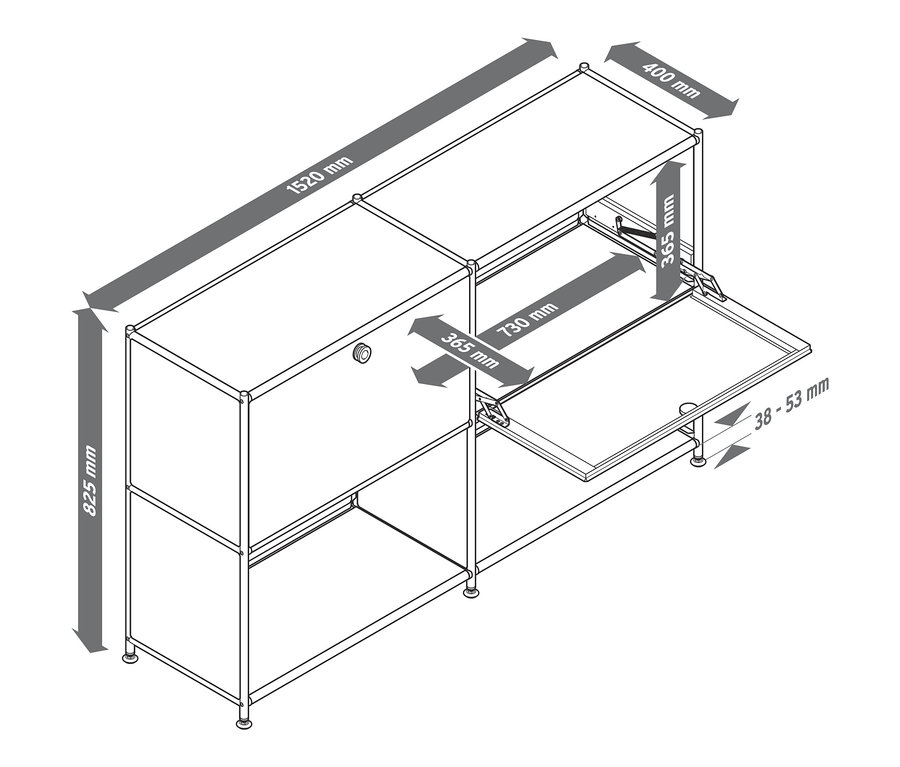 Szkic metalowej szafki typu sideboard z 2 przegrodami z klapami, montowanymi w dowolnym miejscu wraz z wymiarami.
