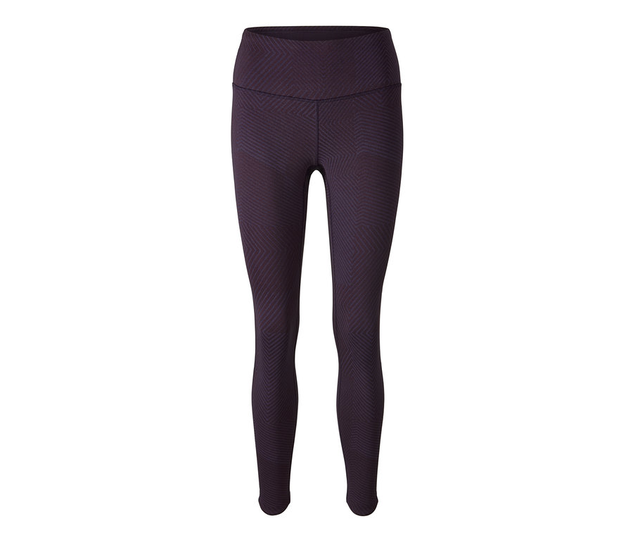 Fioletowe modelujące damskie legginsy sportowe w geometryczny wzór.