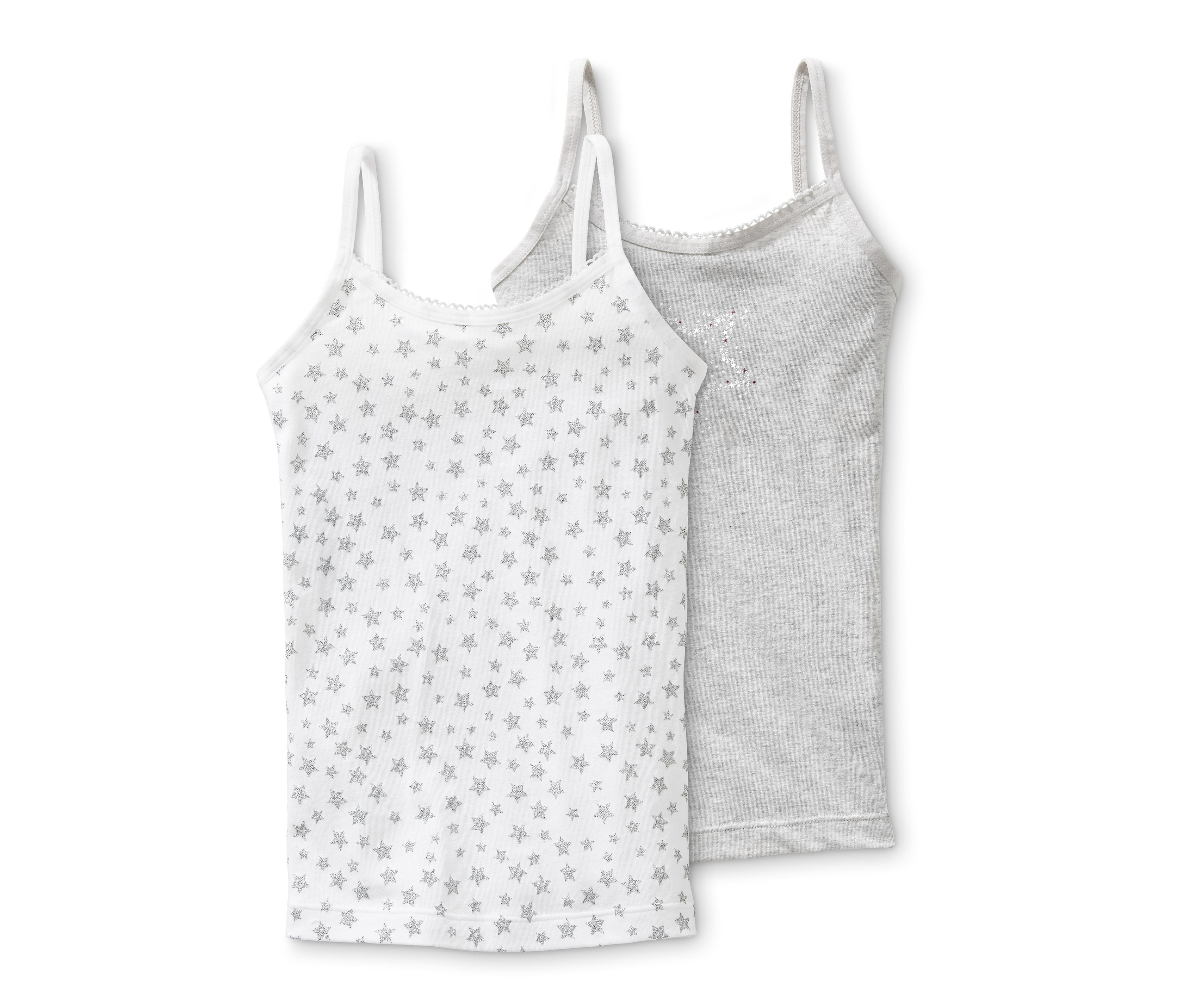 Dwie podkoszulki: jedna biała w gwiazdy, druga szara.