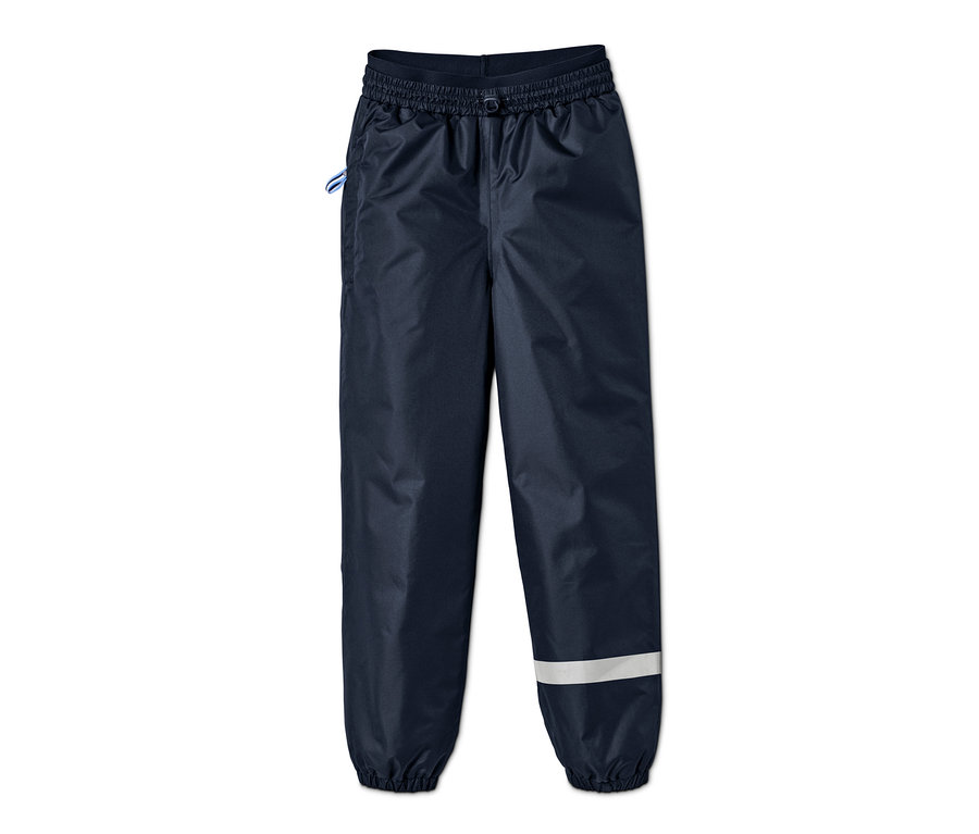 Granatowe spodnie przeciwdeszczowe do pakowania.