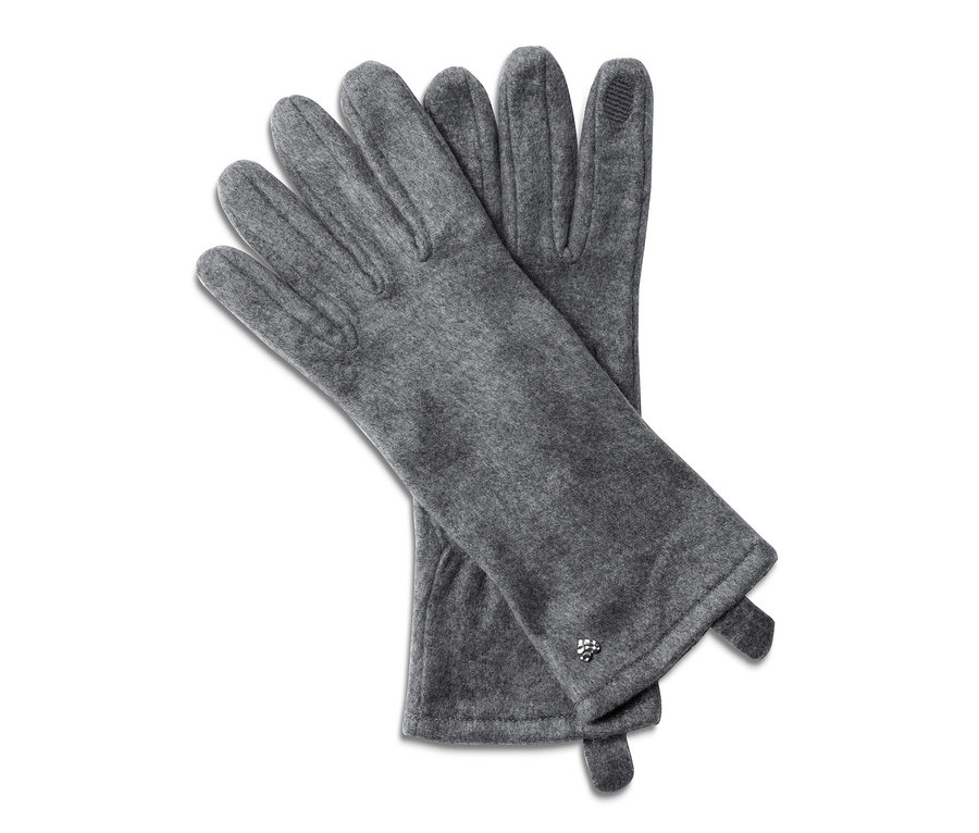 Dwie polarowe rękawiczki damskie leżą na sobie.