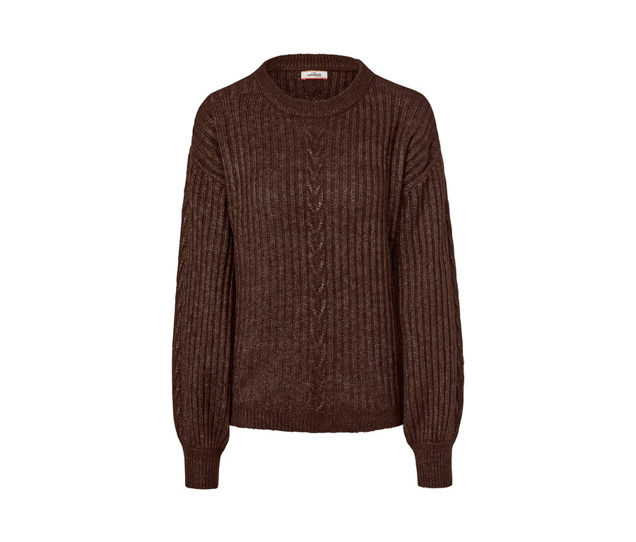 Brązowy sweter z dzianiny ze wzorem warkoczowym.