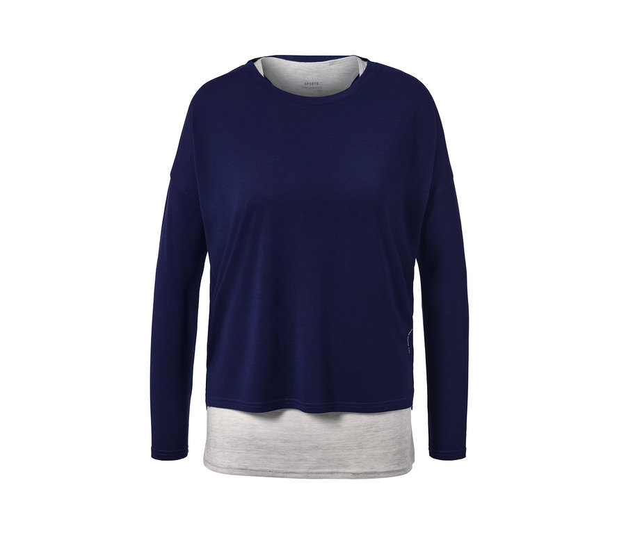 Granatowa koszulka sportowa 2 w 1 z długimi rękawami i szarą wstawką.