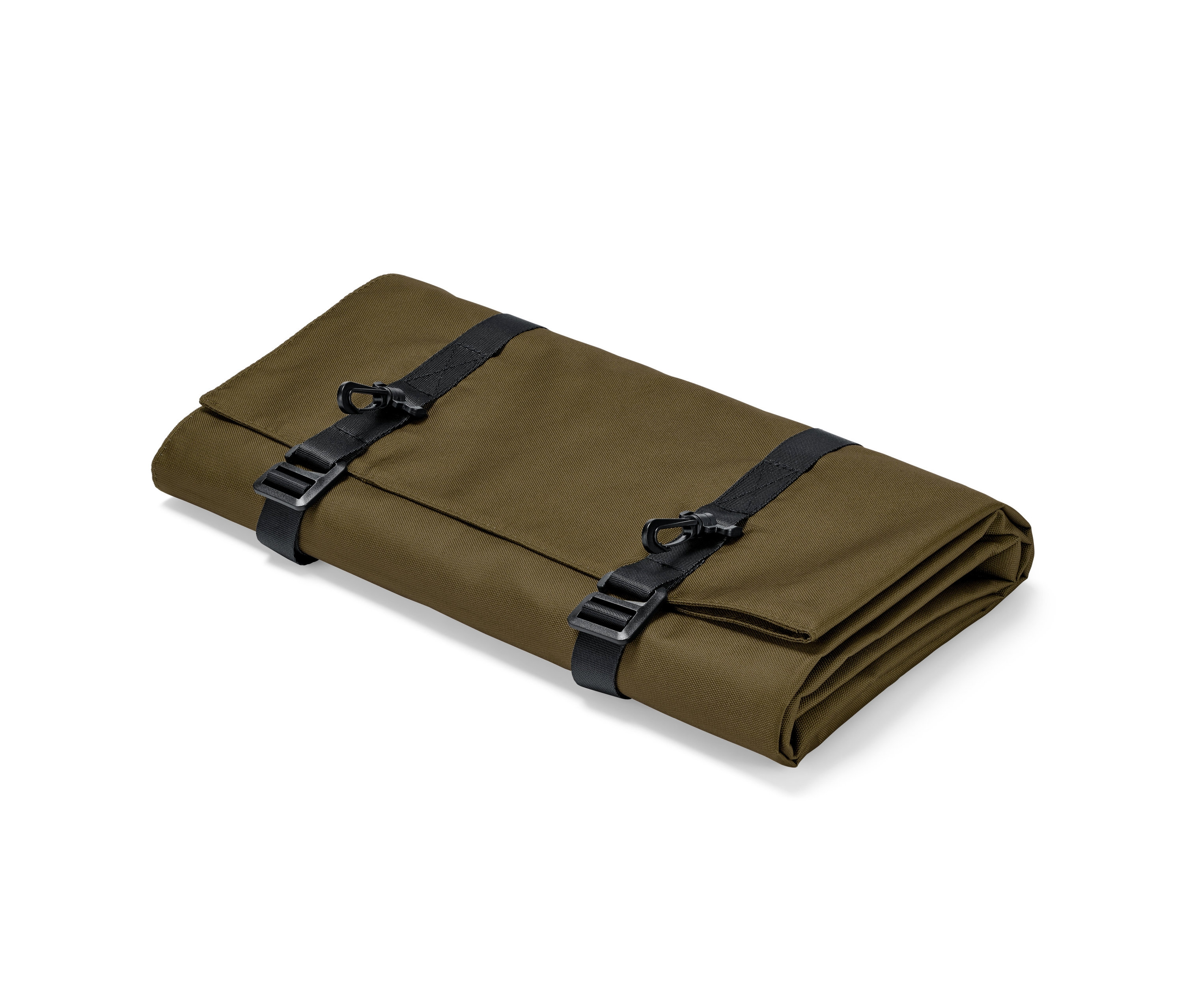 Khaki organizer podróżny z czarnymi paskami na białym tle.