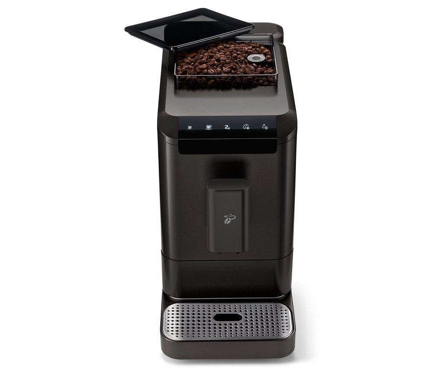 Widok z przodu automatycznego ekspresu do kawy »Esperto2 Caffè« w kolorze granite black z otwartym pojemnikiem na ziarna kawy.