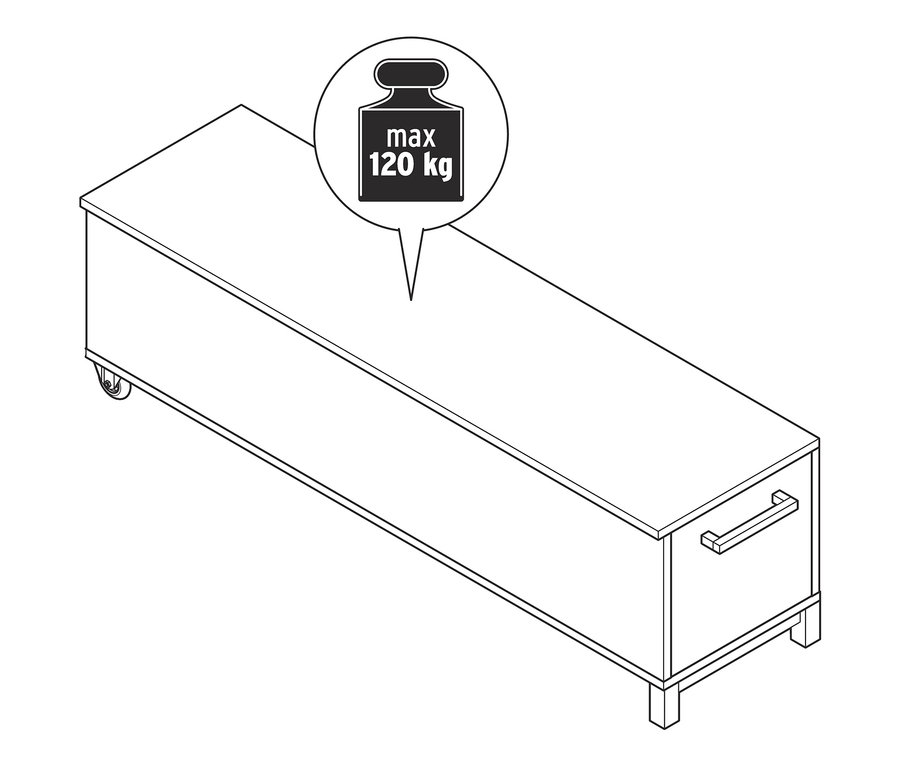 Szkic białej ławki z funkcją skrzyni i kółkami. Nad ławką znajduje się dymek z napisem "max 120 kg".