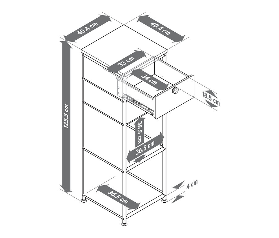 Szkic wąskiej, białej metalowej komody „CN3” z drewnianym blatem i 2 szufladami, z których jedna jest otwarta.