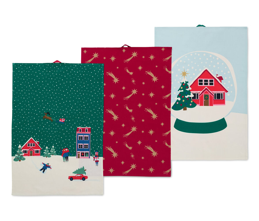 Trzy ściereczki do naczyń z motywami świątecznymi.