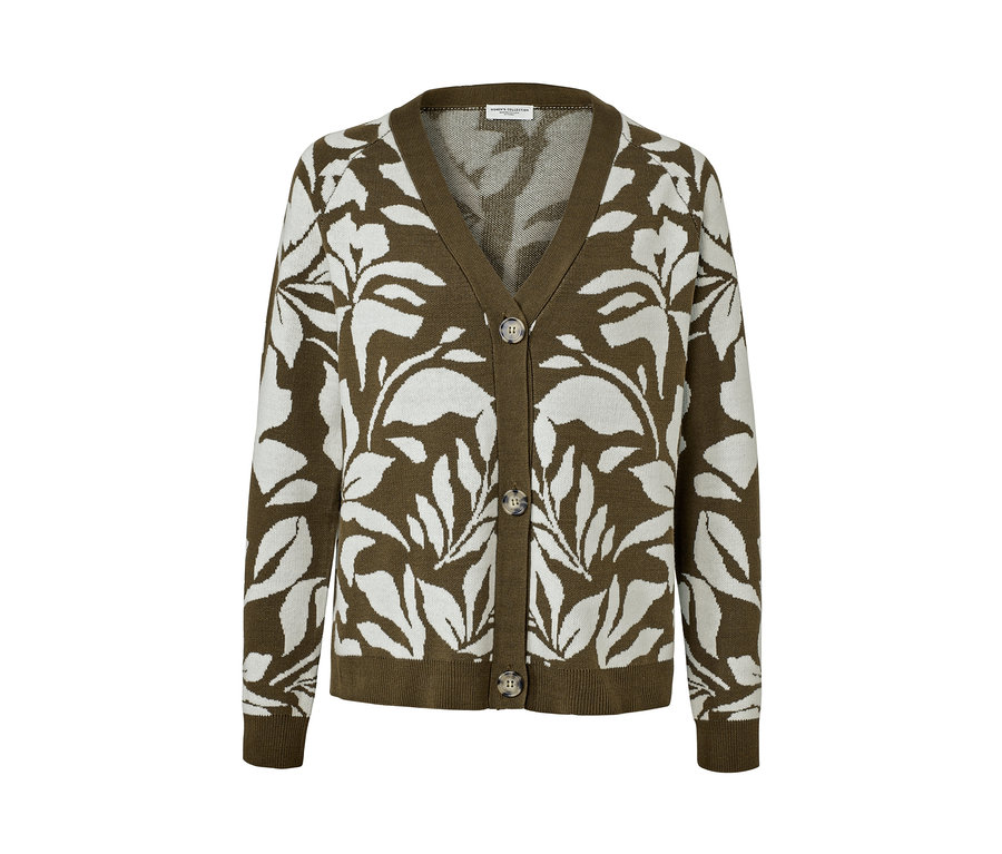 Zielony kardigan o grubym splocie z żakardowym wzorem z białych liści.