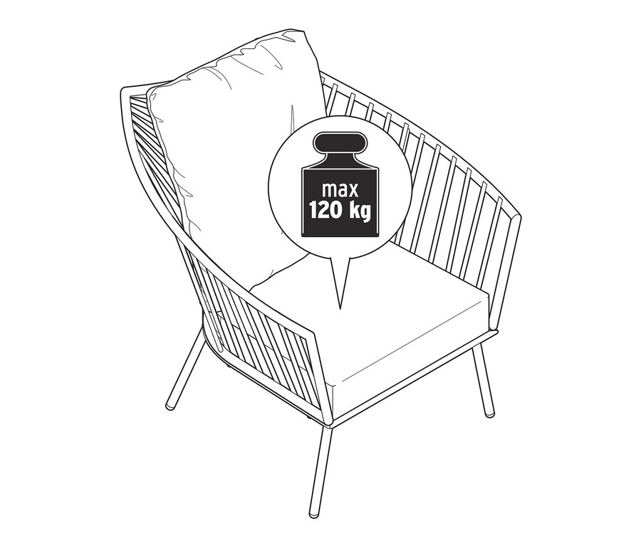 Ilustracja fotela wypoczynkowego z plecionką tekstylną o maksymalnym obciążeniu 120 kg.