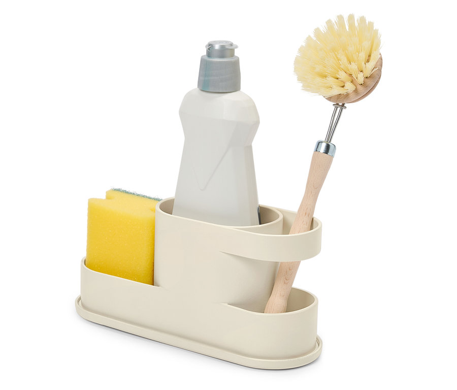 Półka z gąbką, butelką płynu do naczyń i szczotką.