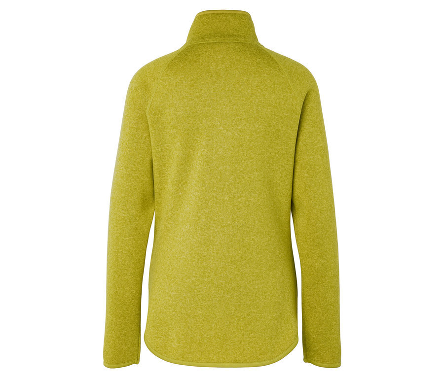 Widok z tyłu żółto-zielonej bluzy polarowej zapinanej na zamek.