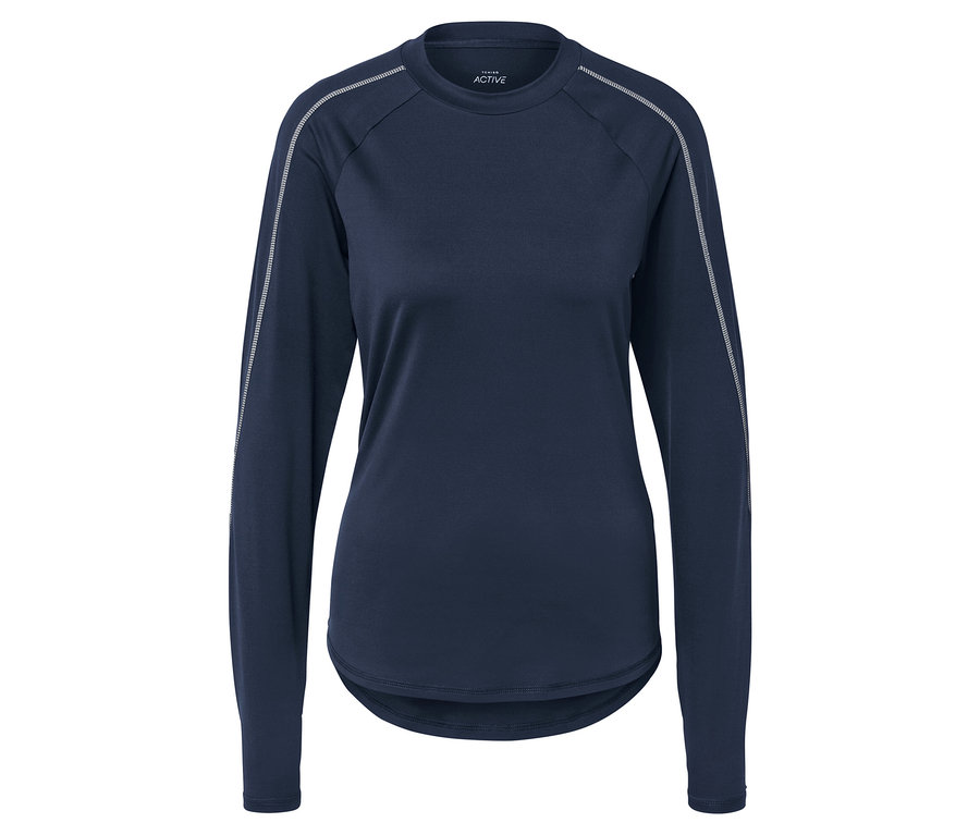Granatowa koszulka z długim rękawem i białymi detalami na rękawach.