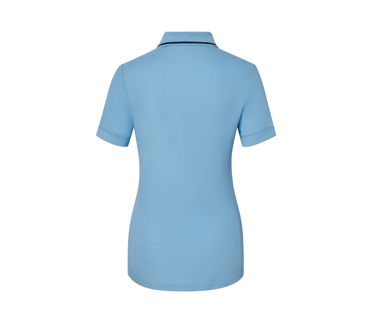 Widok z tyłu jasnoniebieskiej koszulki polo.