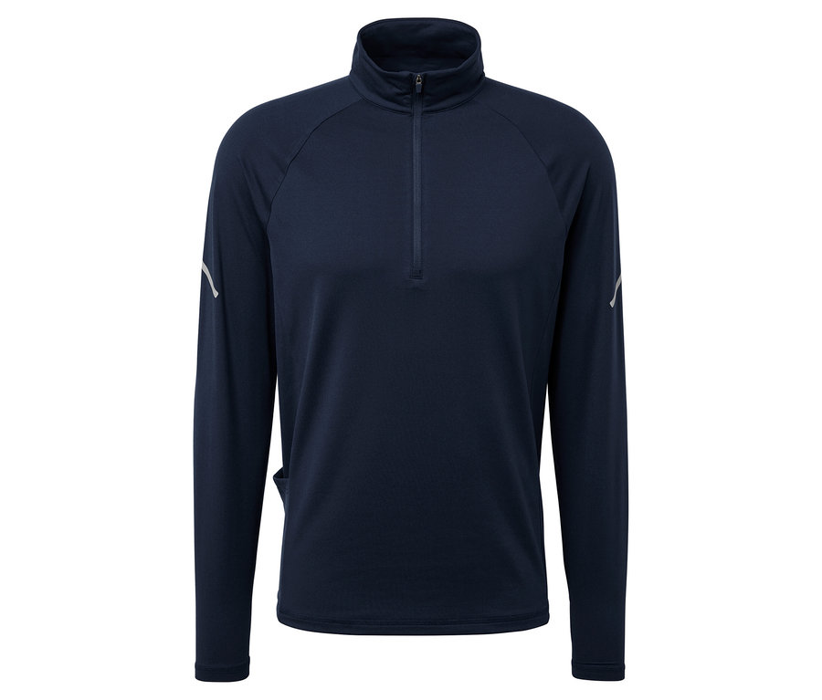 Granatowa koszulka sportowa z długim rękawem i zamkiem błyskawicznym przy szyi.